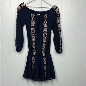 Union of Angels Womens Dress M Navy/Cream Drop Smocking Waist Off Shoulder Lined